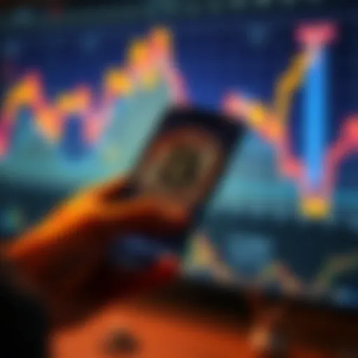 A person actively buying Bitcoin on a mobile app, showcasing a graph of rising cryptocurrency values in the background.