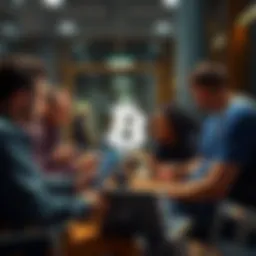 A diverse group of people discussing Bitcoin with laptops and smartphones in a casual setting