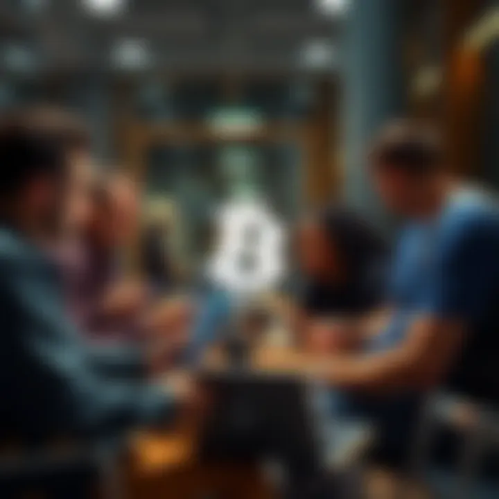 A diverse group of people discussing Bitcoin with laptops and smartphones in a casual setting