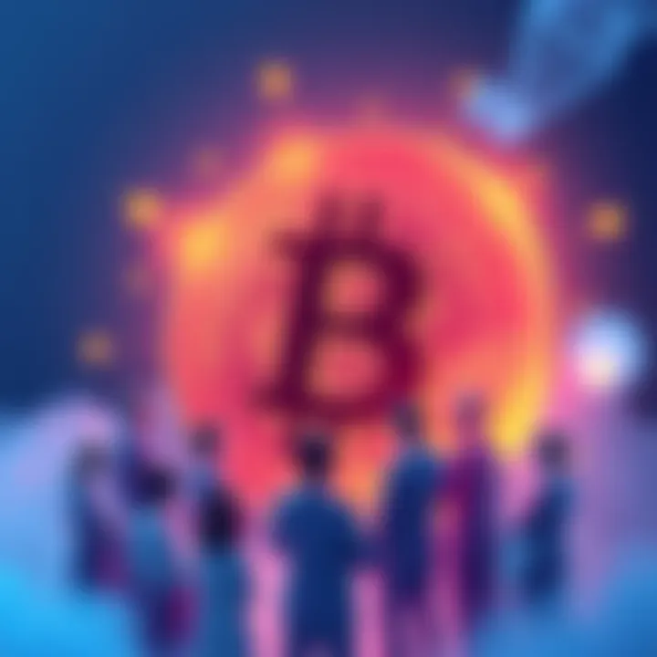 Illustration of people gathered around a digital Bitcoin symbol, discussing and sharing insights about Bitcoin.