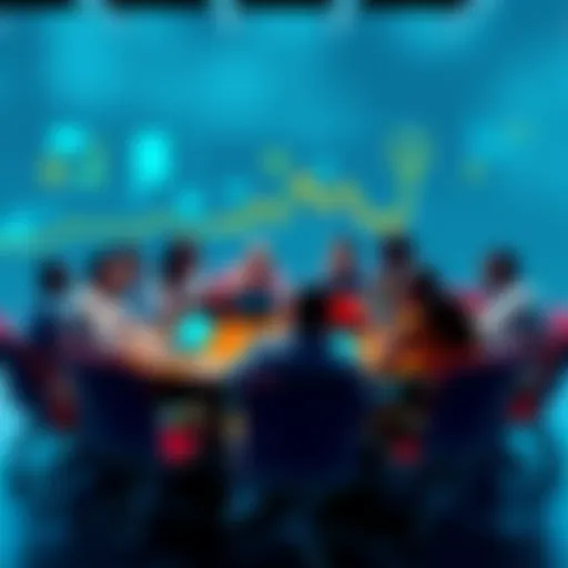 A group of diverse people discussing cryptocurrency at a round table with laptops and charts.
