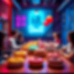 A colorful table set with various donuts, inviting people to discuss in a friendly atmosphere.