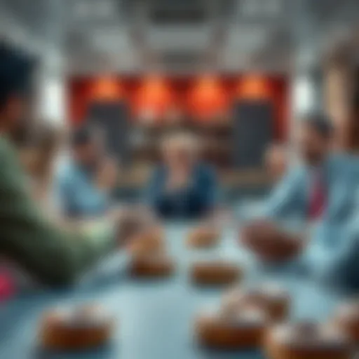 People discussing ideas in a forum, with donuts on a table