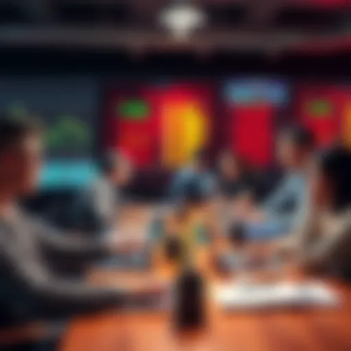 A group of people discussing trading strategies and market events at a table with laptops and notebooks