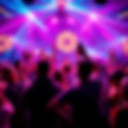 A lively dance party with people dancing and having fun, colorful lights flashing in the background