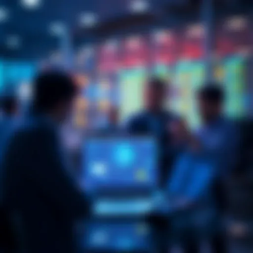 A business team discussing data protection strategies with a laptop displaying security software on the screen.