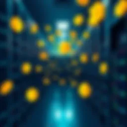 A large datacenter filled with servers, surrounded by floating cryptocurrency symbols, representing a strategy to control mining activities.