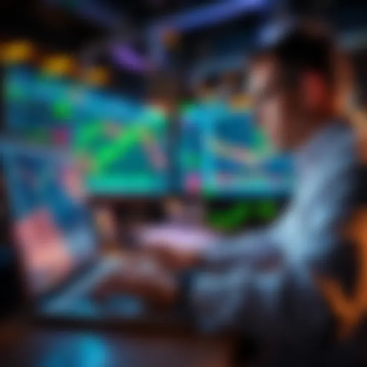 A beginner day trader looking at stock market charts on a laptop with financial graphs and data displayed