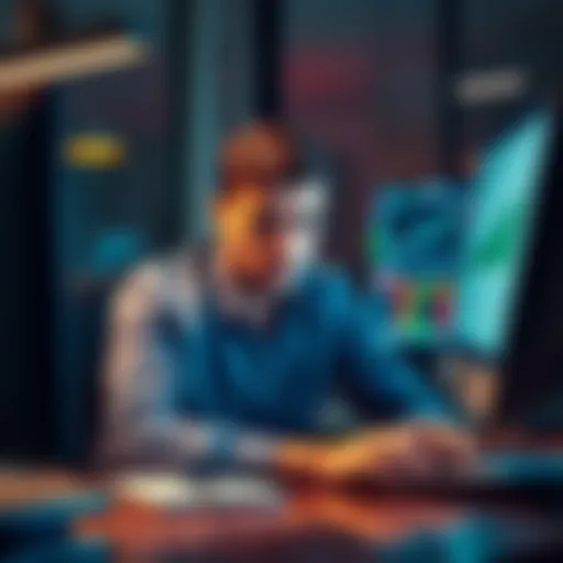 A day trader sitting at a desk, looking worried while analyzing charts on a computer screen, with a notepad and pen beside them.