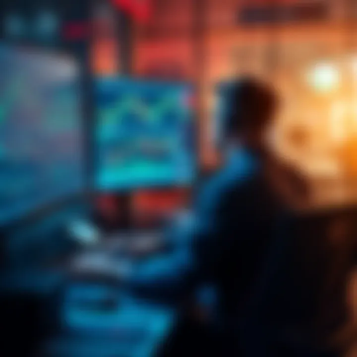 A person sitting at a desk looking at stock charts on multiple computer screens with trading tools