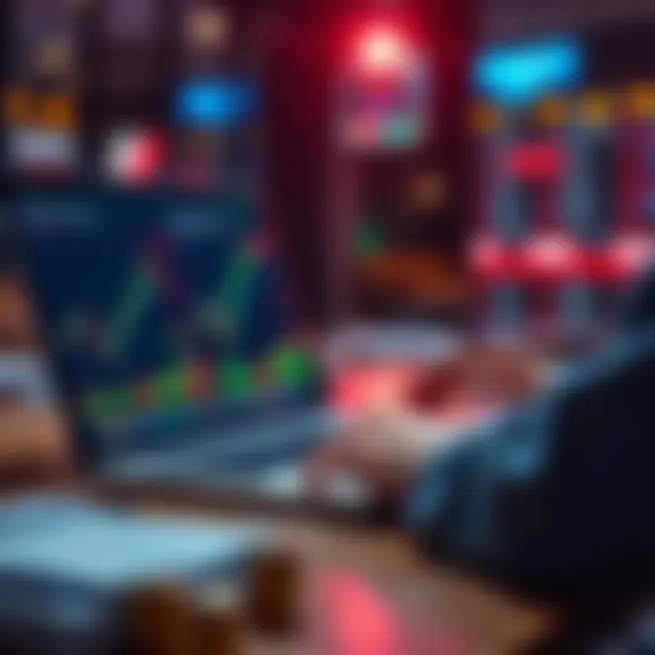 A person calculating investments while looking at a stock market chart on a laptop, symbolizing Dollar Cost Averaging strategy