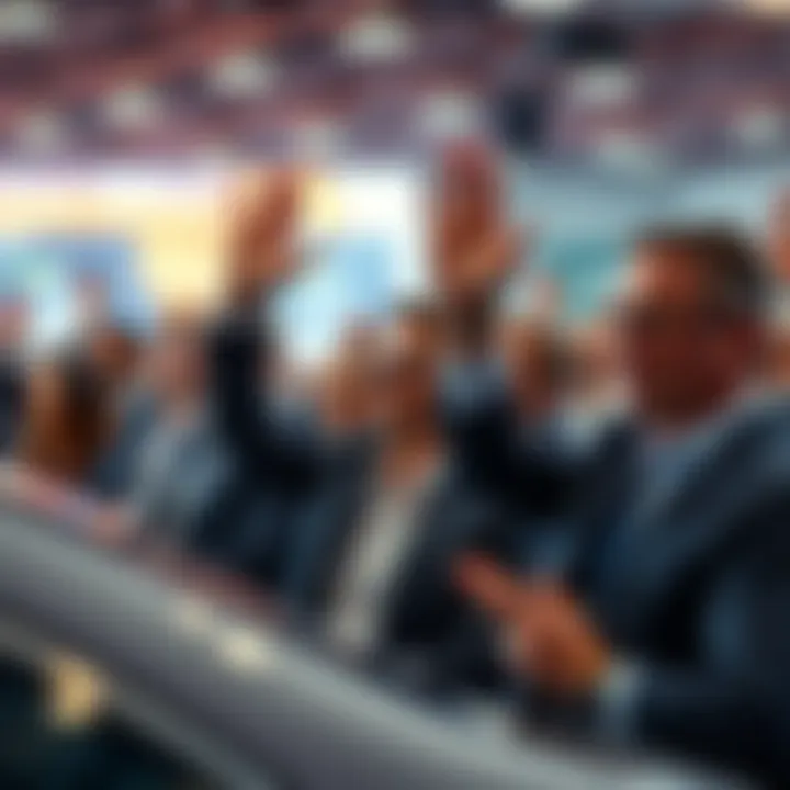 A group of auto dealers bidding aggressively at an auction, with focused expressions and raised hands, showing competition against private sellers.