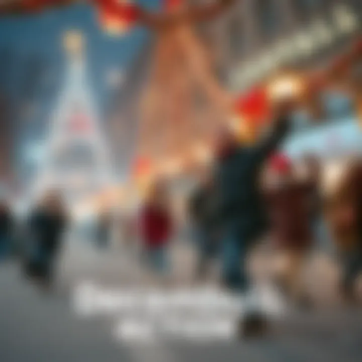 A dynamic scene of people taking action in December with festive decorations, symbolizing engagement and opportunities.