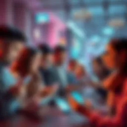 A group of diverse people engaging on various devices, symbolizing communication on decentralized social media platforms.