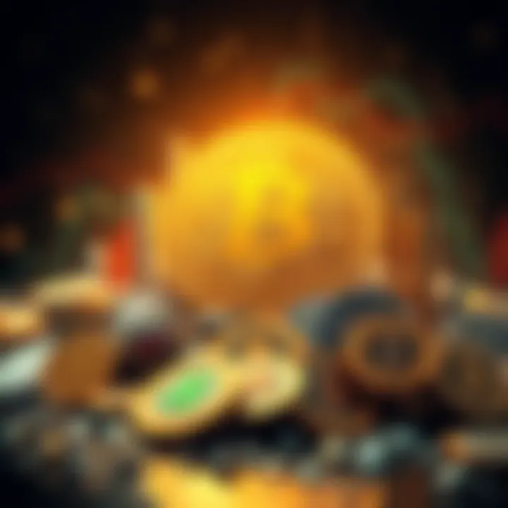 A Bitcoin symbol surrounded by efficient altcoins representing competition in cryptocurrency, showing energy-efficient technology in contrast with Bitcoin's outdated Proof of Work.