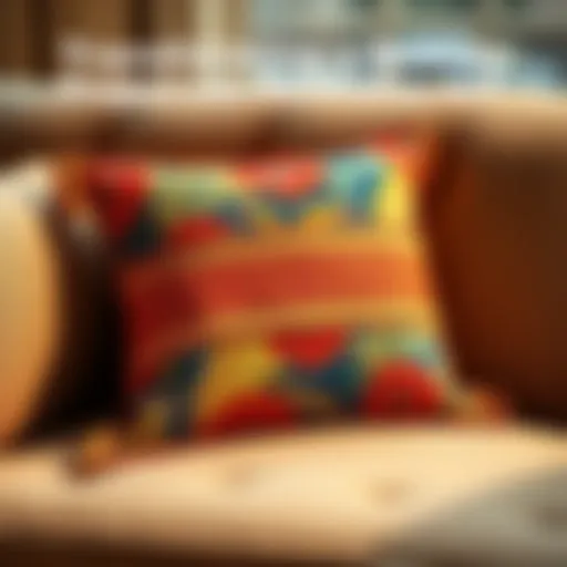 A colorful decorative pillow made from fabric with a sewing pattern, placed on a cozy sofa.