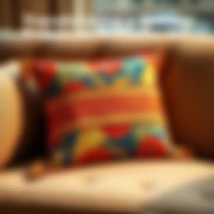 A colorful decorative pillow made from fabric with a sewing pattern, placed on a cozy sofa.