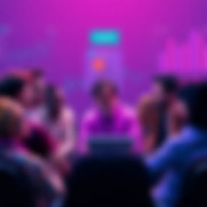 DeFi Challenges A group of diverse founders discussing obstacles in decentralized finance, with charts illustrating funding and user trust issues in the background.