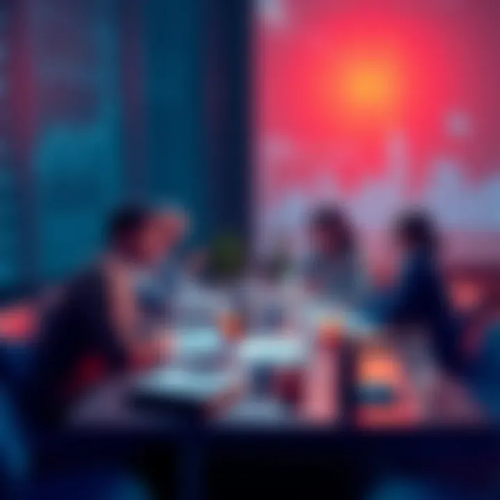 People discussing decentralized finance with charts and graphs around a table.