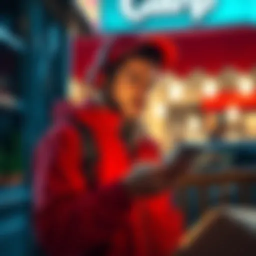 A worried delivery driver holding a smartphone, looking concerned about order cancellations while standing outside a restaurant.