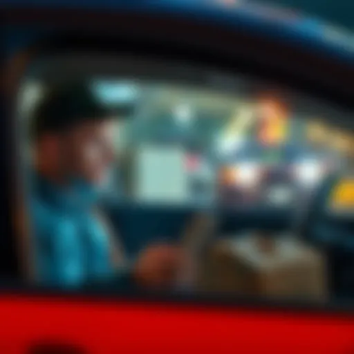 A delivery driver sitting in a parked car, looking at their phone with a frustrated expression as they wait for orders to come through, representing delays caused by restaurant complaints.