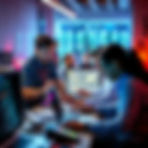 A group of developers collaborating with laptops and new technology tools in a modern workspace