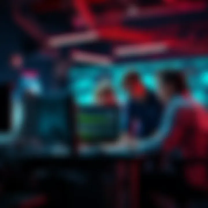 A group of developers collaborating around a computer, brainstorming solutions to technology issues.