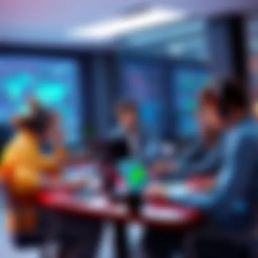 A group of developers working together at a table with laptops and tech gadgets, discussing coding and project ideas.