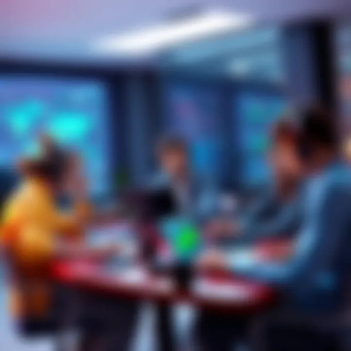 A group of developers working together at a table with laptops and tech gadgets, discussing coding and project ideas.