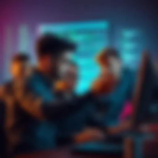 A group of stressed developers arguing over a computer, with visible code on the screen showing discrepancies.