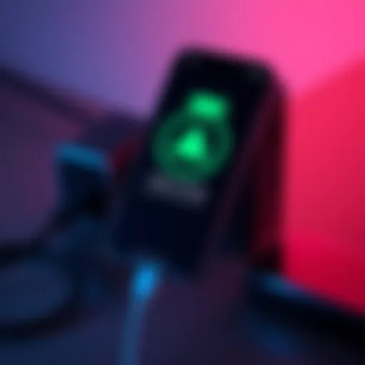 A smartphone connected to a charger with a warning icon displayed on the screen indicating charging issues.