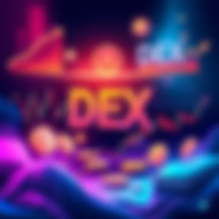 Illustration showing various perpetual DEX platforms with trading charts and tokens