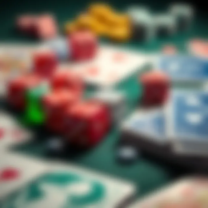 A close-up view of colorful dice and playing cards spread out on a table, representing games of chance.