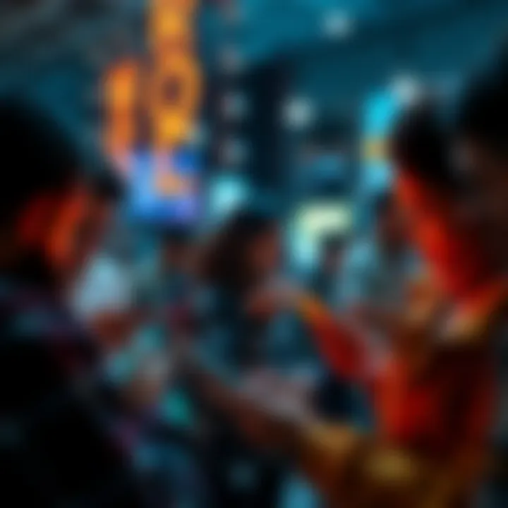 A group of people engaged in sharing digital content on their devices, showcasing the trend of reposting on social media platforms.