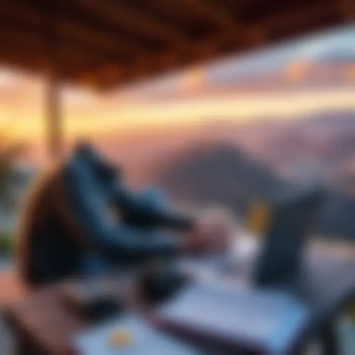 A digital nomad sitting at a laptop outdoors with a hardware wallet visible on the table, looking at travel documents, and a scenic view in the background.