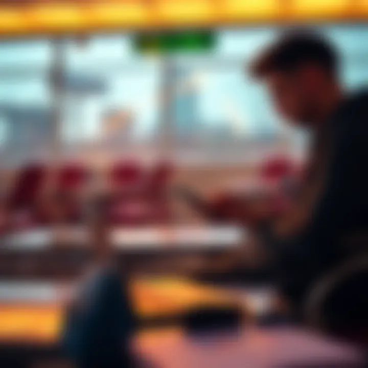 A digital nomad checks their hardware wallet while sitting in an airport lounge, with a laptop and travel documents on the table.