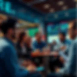 A group of people engaging in a discussion about trading strategies and current events in a positive atmosphere.