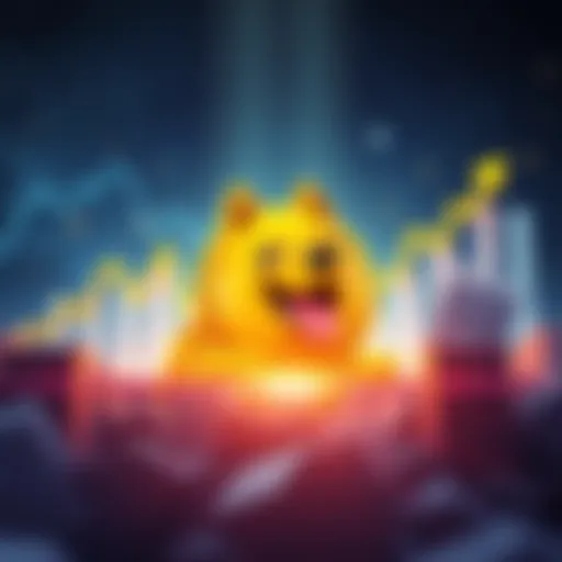 Illustration of a Doge coin breaking through barriers with rising graphs in the background, symbolizing a price increase.