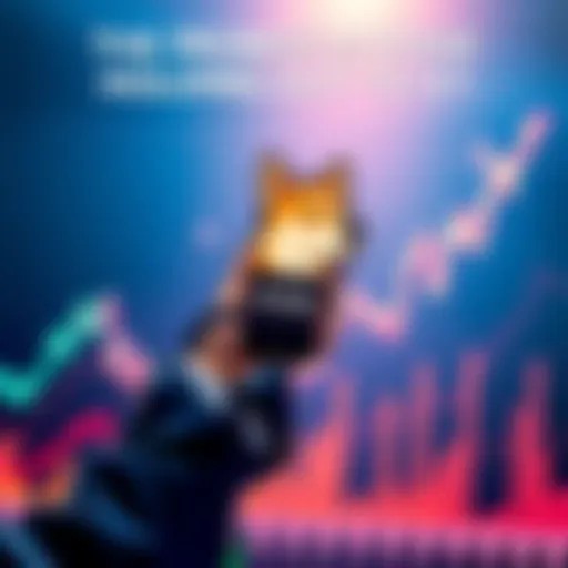 A colorful chart showing the rising trend of DOGE's value, with a user holding a smartphone looking hopeful at the price prediction of $1.