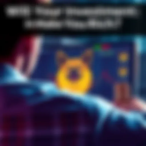 A person looking at a computer screen displaying Doge Coin prices with a hopeful expression, surrounded by stacks of coins.