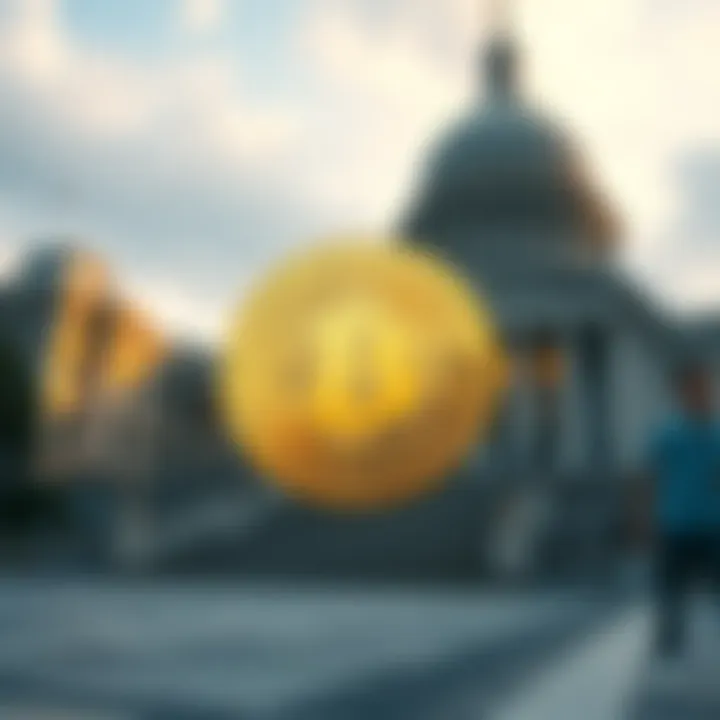 A shiny DOGE coin representing the first cryptocurrency used by the government, set against a backdrop of government buildings.