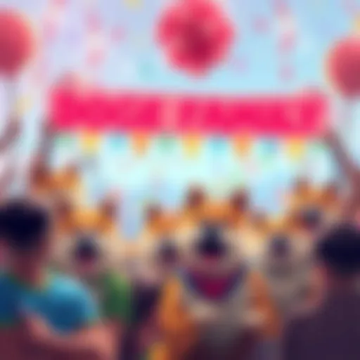 A vibrant community gathering of Doge Family members celebrating their growth and excitement for the future, with colorful banners and happy faces.