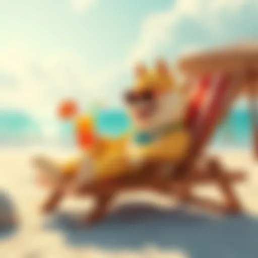 A cartoon dog wearing sunglasses, lounging on a beach chair with a tropical drink, symbolizing Doge taking a summer break as enthusiasts await price surge.