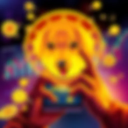 A person checking their Doge coin balance on a mobile app, surrounded by crypto symbols and charts