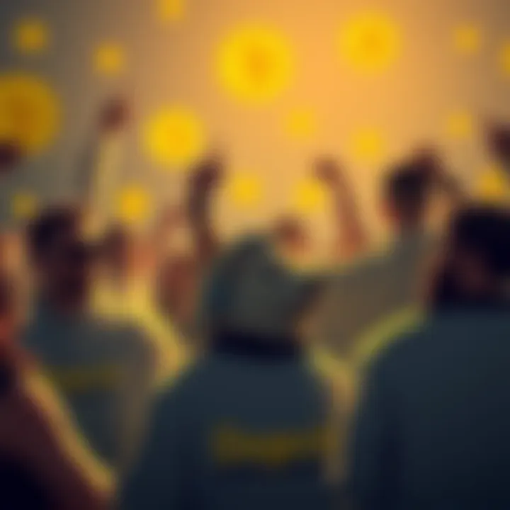 A group of Dogecoin supporters celebrating and discussing the goal of reaching 1 Morbillion Euros, with Dogecoin logos and graphics in the background.