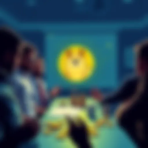Group of people debating about Dogecoin's future with charts and tokens on a table