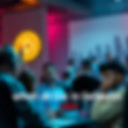 People discussing Dogecoin and its community on forums, with Dogecoin logo in the background and excitement in the air.