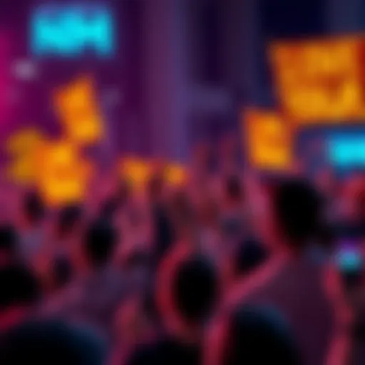 A group of Dogecoin enthusiasts gathered, cheering and holding up Dogecoin banners while celebrating their unity and growth ambitions.