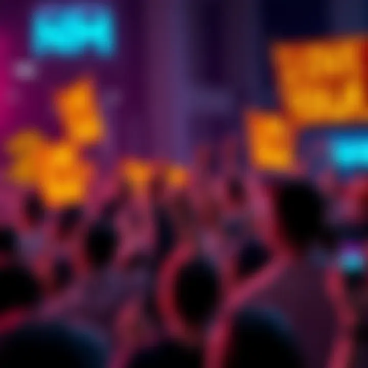 A group of Dogecoin enthusiasts gathered, cheering and holding up Dogecoin banners while celebrating their unity and growth ambitions.