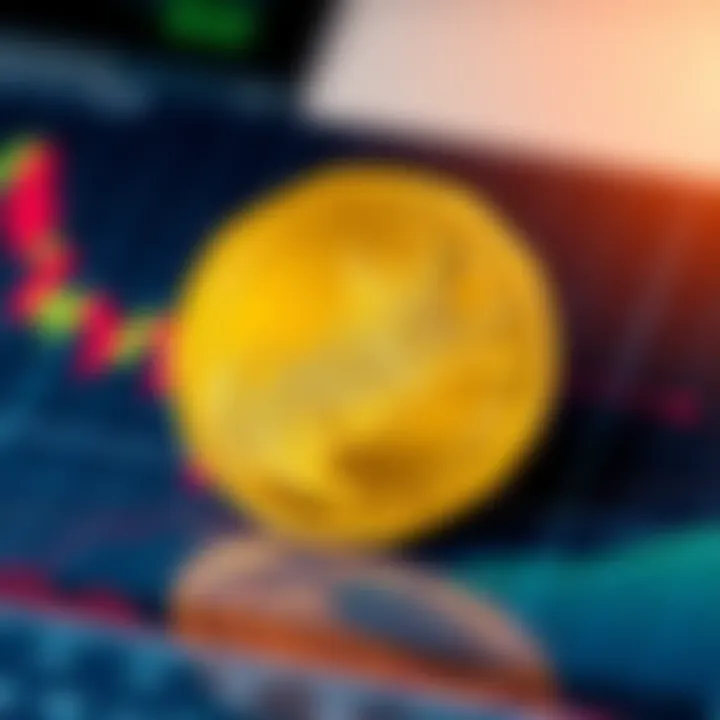 Dogecoin coin on a graph A shiny Dogecoin coin placed on a fluctuating market graph, symbolizing its potential growth to one dollar.